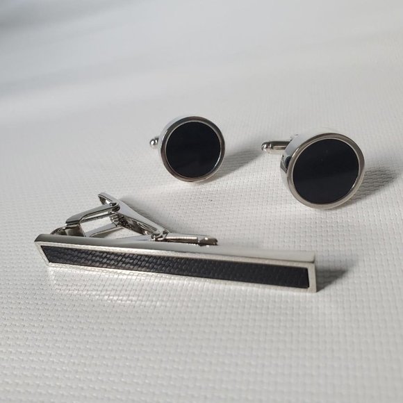 Stainless Steel Round Cuff Links Tie Clip Set - Picture 6 of 6